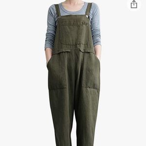 Olive green linen blend overalls
